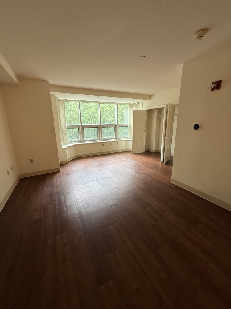 Large room with dark wood-look flooring, cream-colored walls, and a wall of windows overlooking a wooded area. Natural light fills the space, and two closets are visible near the windows.