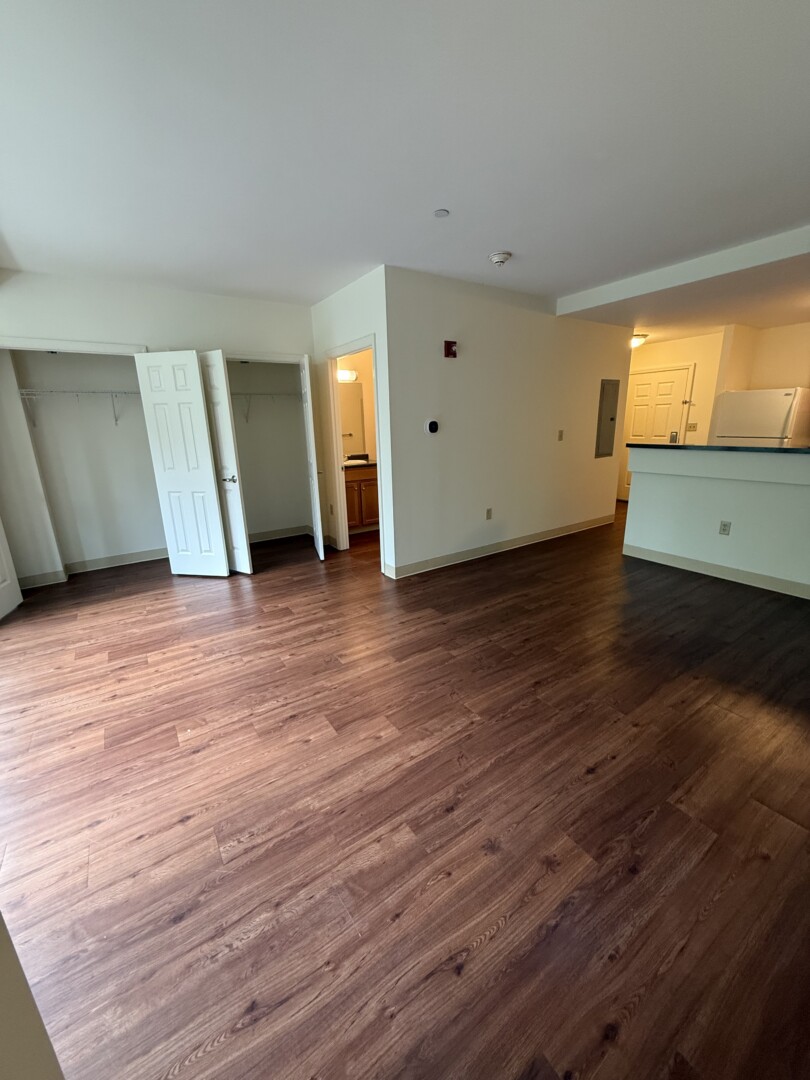 Spacious interior room with dark wood-look flooring, two closets, a bathroom entrance, and a breakfast bar leading to the kitchen area. The entry hallway is visible in the background.