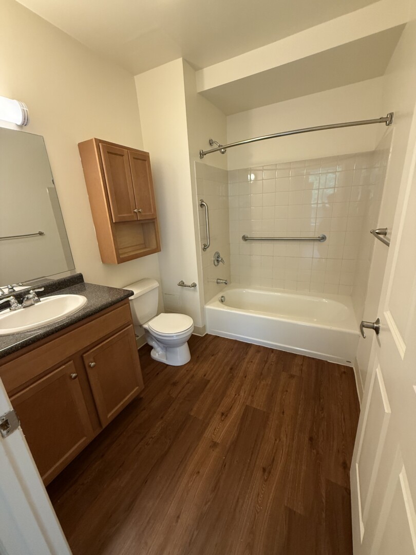 Bathroom with a wood-tone vanity, large mirror, wood-look flooring, and a tub-shower combination equipped with grab bars and accessibility features.