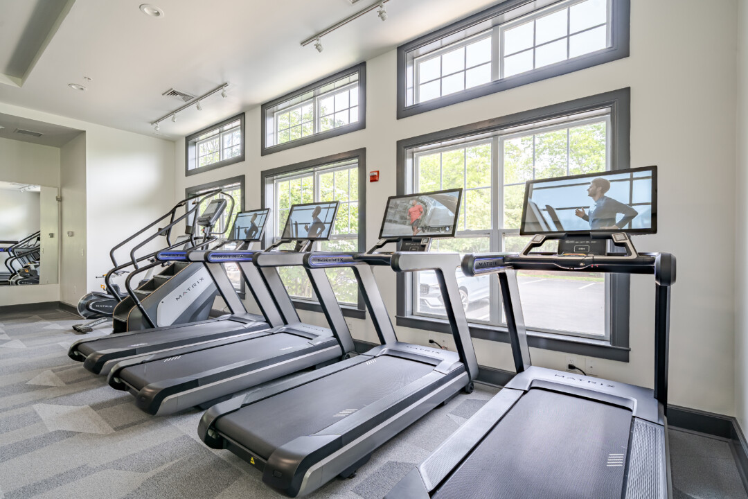 Modern apartment community fitness center featuring Matrix treadmills, cardio equipment, large windows, and natural light.