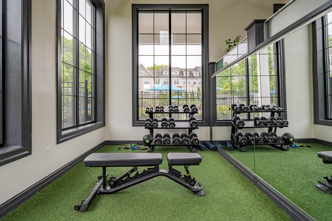 Fitness room with green turf flooring, white walls, a white ceiling, large windows, mirrors, free weights, and a workout bench.
