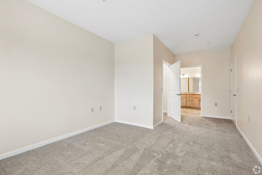 Spacious bedroom with beige walls, soft gray carpeting, and white trim. An open door leads to an en-suite bathroom featuring a double-sink vanity with light wood cabinetry and a large mirror. The room is unfurnished and brightly lit, offering a clean, neutral design with ample floor space.