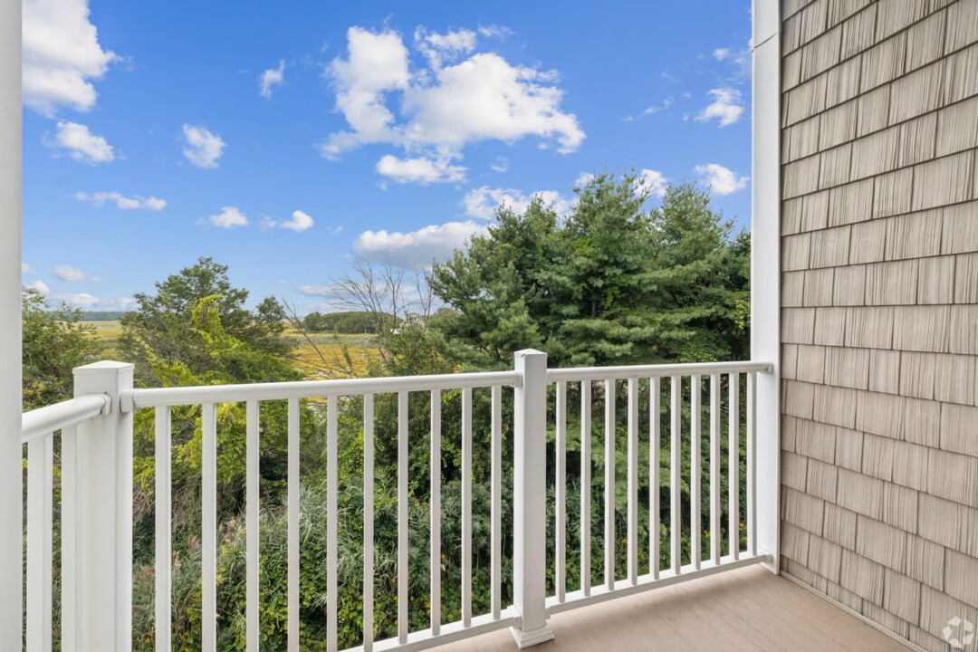 Private outdoor balcony with white railing overlooking mature trees, marshland, and open green space. The balcony features composite flooring and is attached to a building with gray shingle-style siding. A bright blue sky with scattered white clouds enhances the scenic natural view.