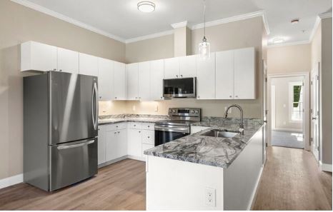 modern kitchen with updated appliances and wood floors