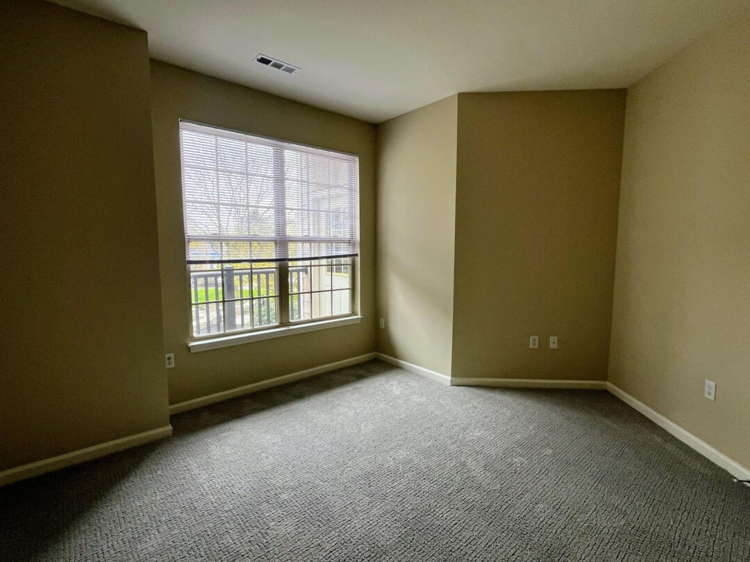 Empty bedroom with carpet, light colored walls, white trim, and a white ceiling; large window with white blinds letting in natural light.