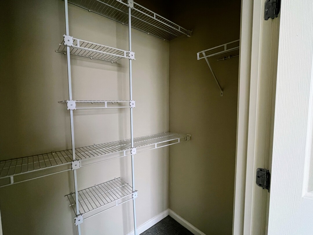 Walk-in closet with carpet, neutral-colored walls, and white shelving.