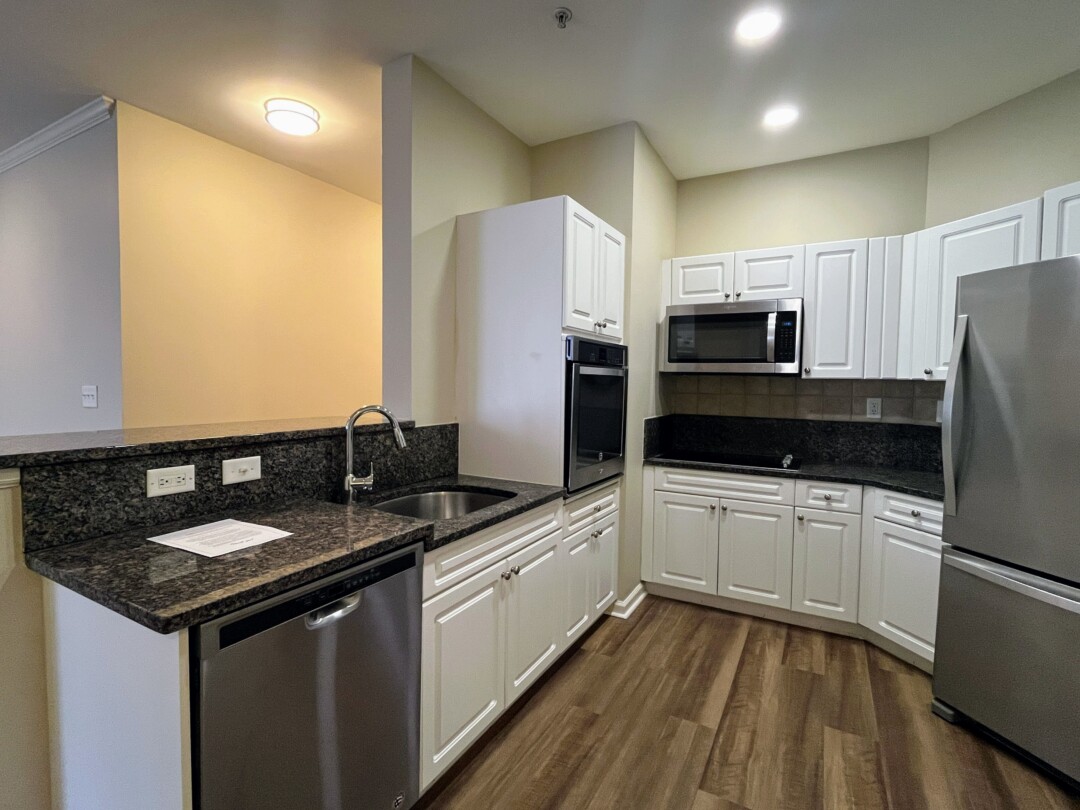 Kitchen with white cabinets, dark speckled countertops, stainless steel appliances, lighting from a white ceiling, beige walls, and dark wood-style flooring.