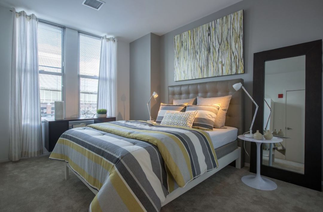 small grey bedroom with windows and carpet floor