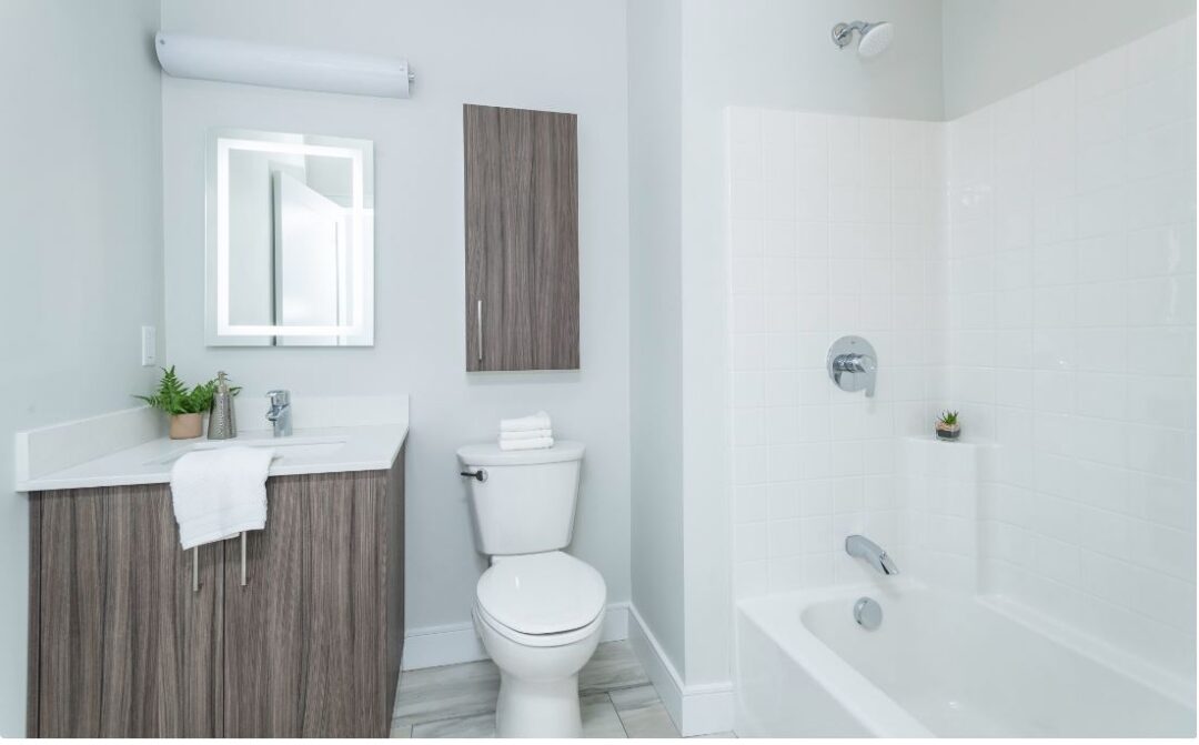 updated bathroom with vanity, toilet and bathtub