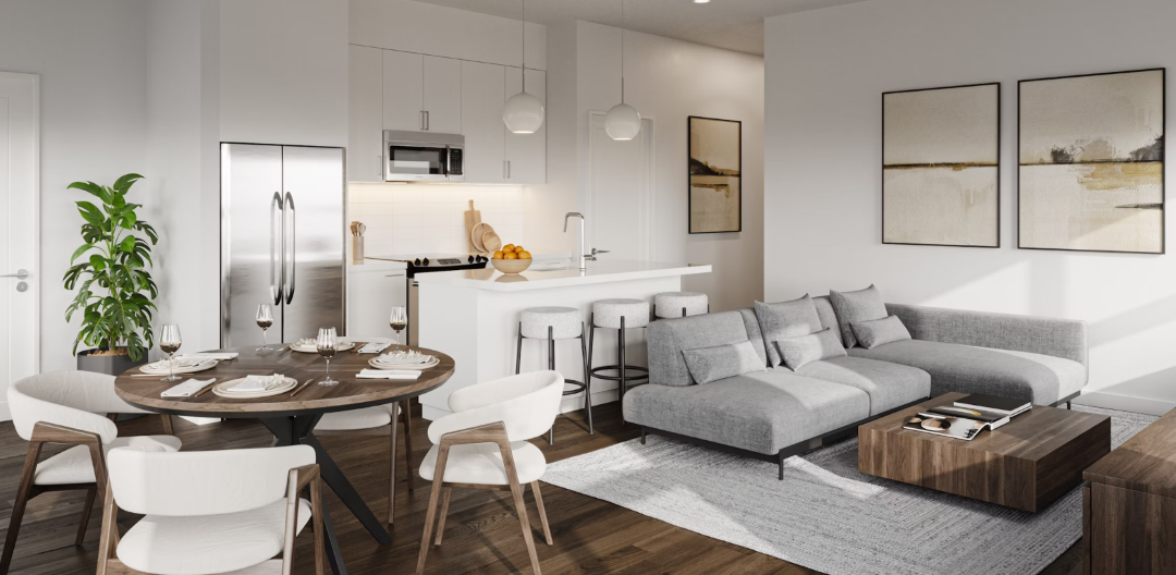 modern open concept kicken and living room space with white cabinets, stainless steel appliances and wood floors