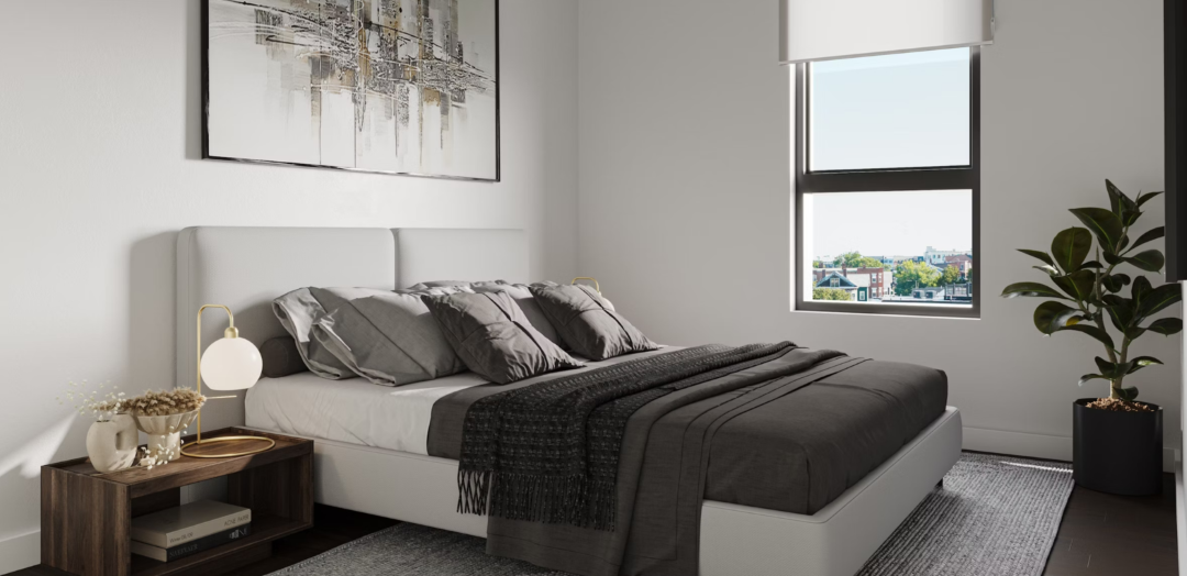 modern bedroom with white walls, and natural light