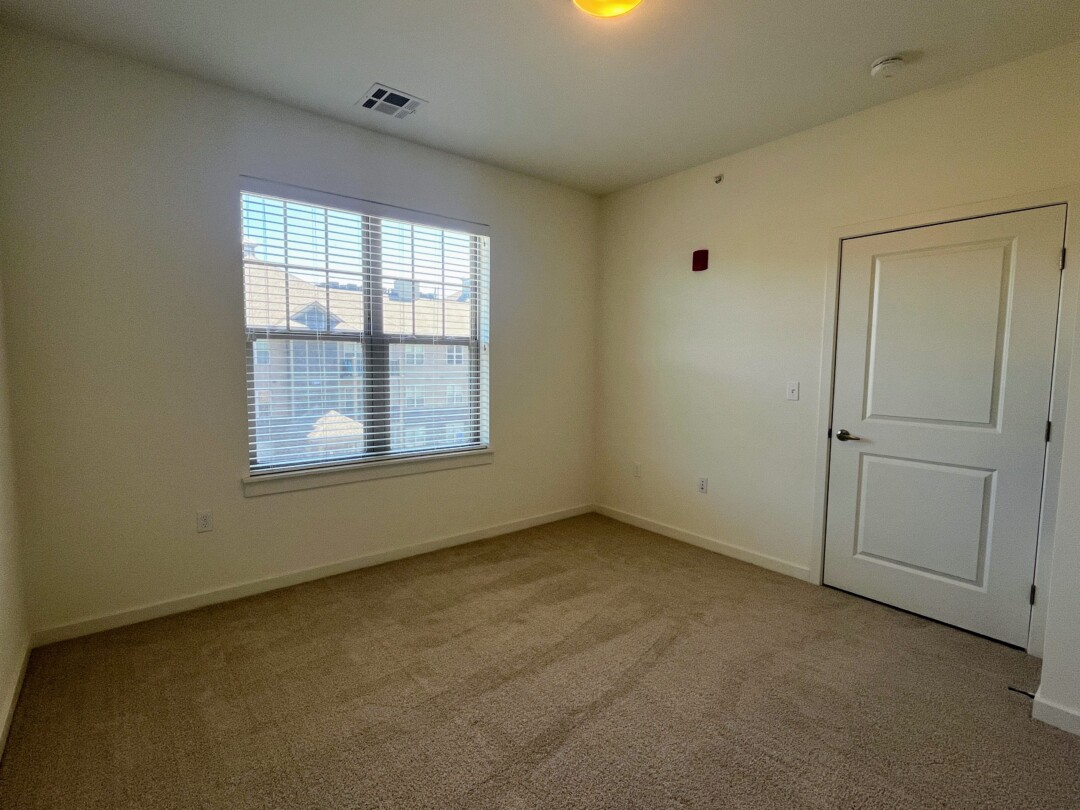 An empty bedroom with carpeted flooring and light-colored walls, featuring a window with blinds that lets in natural light and a closed door along one wall, with ceiling-mounted lighting above.
