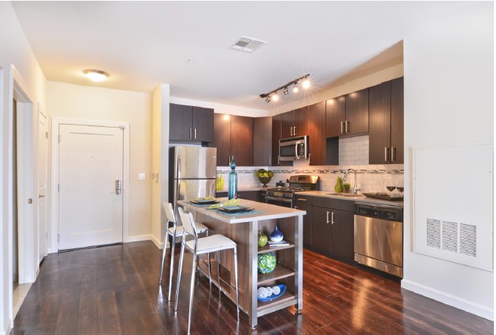 modern kitchen with stainless steel appliances and wood floors