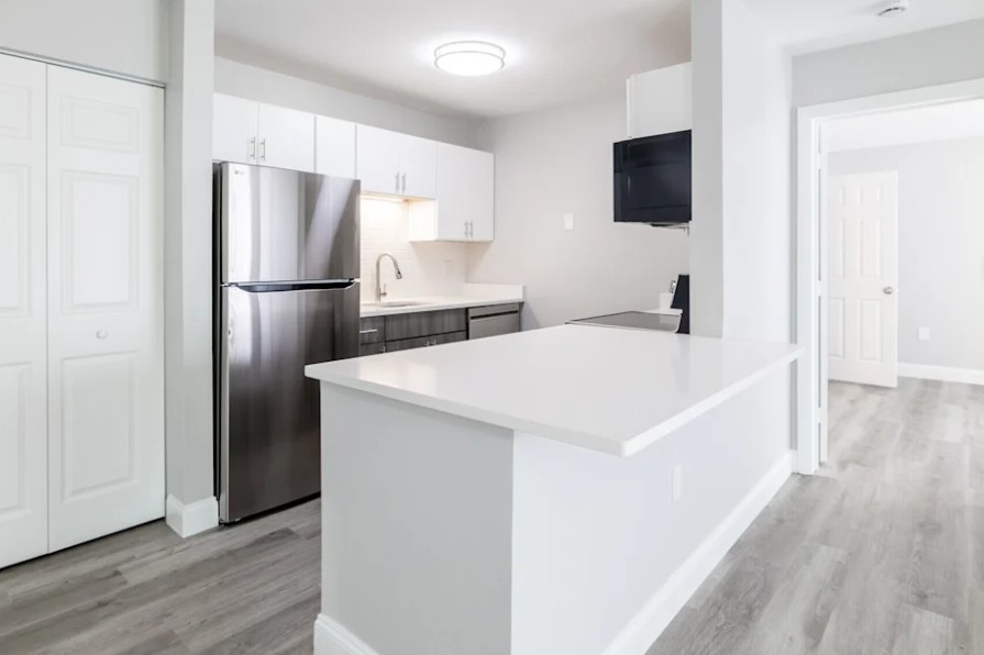 modern kitchen with white cabinets, stainless steel appliances and wood floors