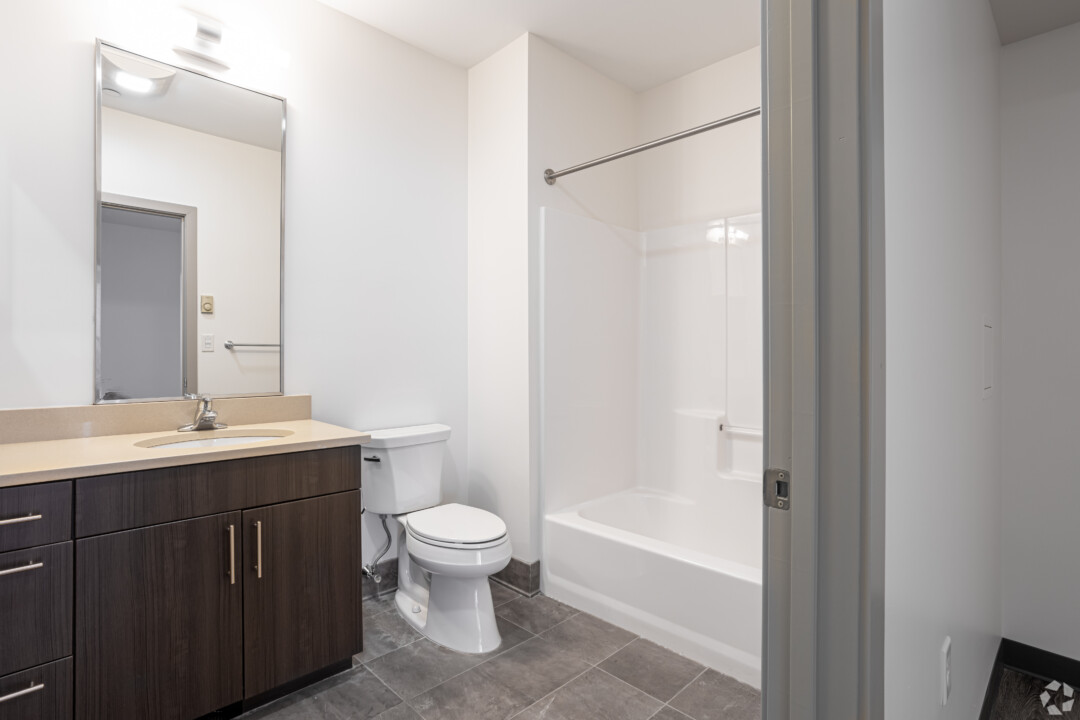 Bathroom with tile flooring, a dark vanity, white walls, a bathtub with shower, and a white ceiling.