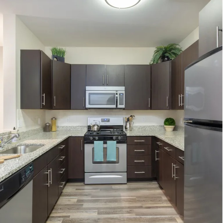 Modern kitchen with dark wood cabinets, granite countertops, stainless steel appliances, and wood-look flooring.
