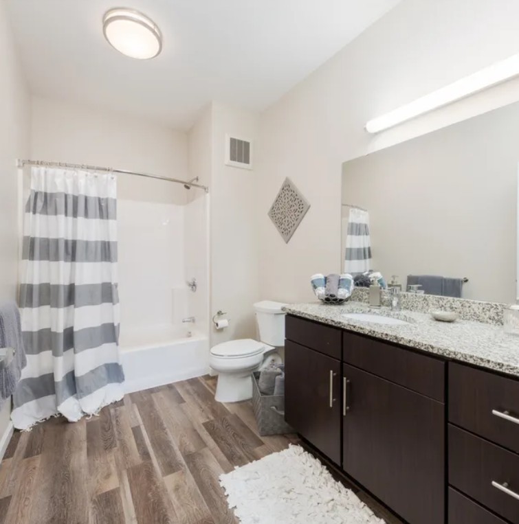 Bathroom with a dark wood vanity, granite countertop, toilet, bathtub, and patterned shower curtain.