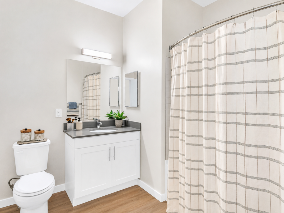 Bathroom with a white vanity, wall mirror, toilet, and bathtub behind a patterned shower curtain.