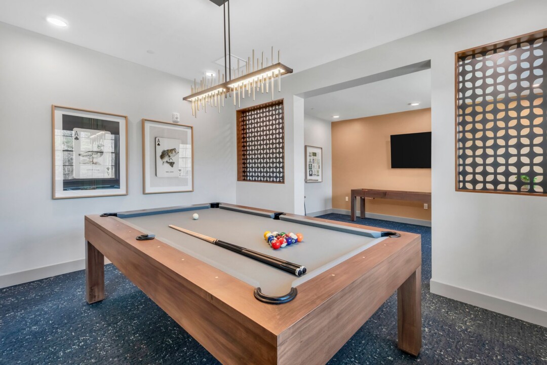 Recreation room with a pool table under a hanging light fixture, framed artwork, and a television on the far wall.