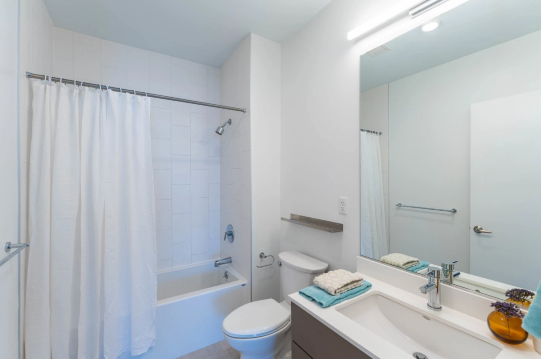 Bathroom with a bathtub, shower curtain, toilet, vanity, and large mirror.