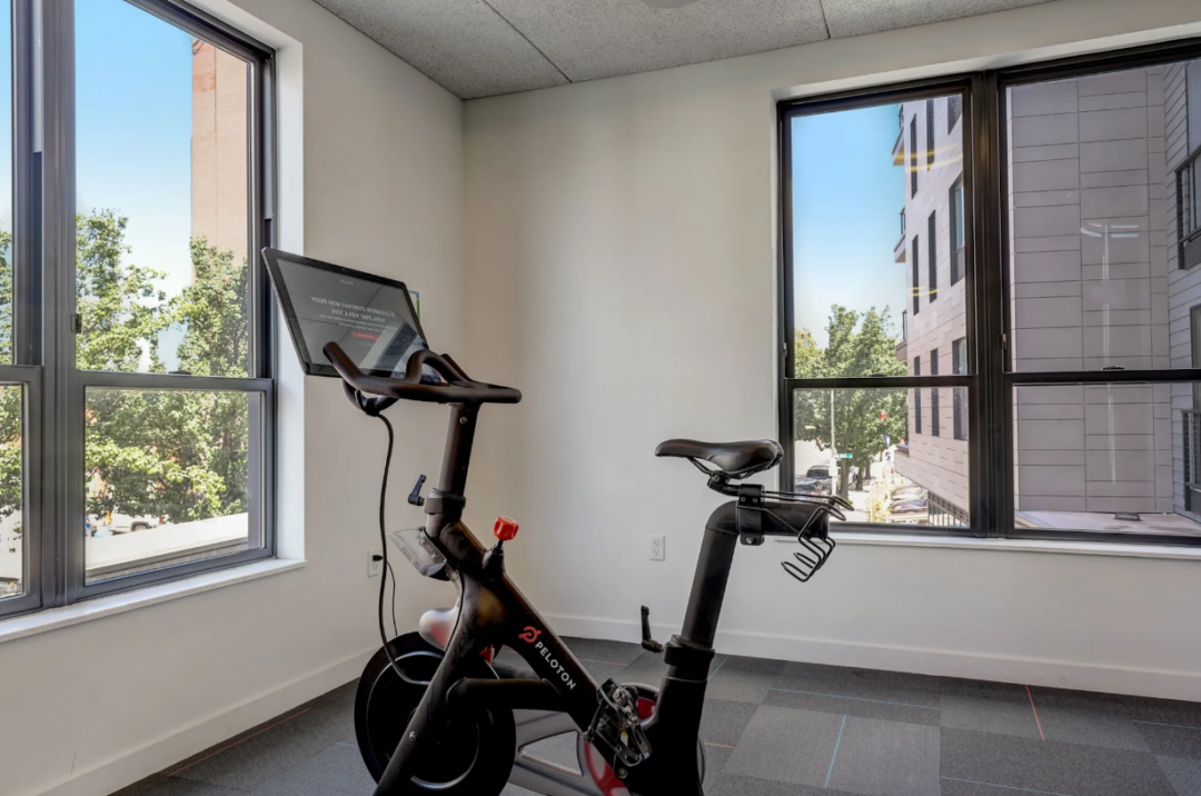 Peloton exercise bike beside large windows in a fitness room.