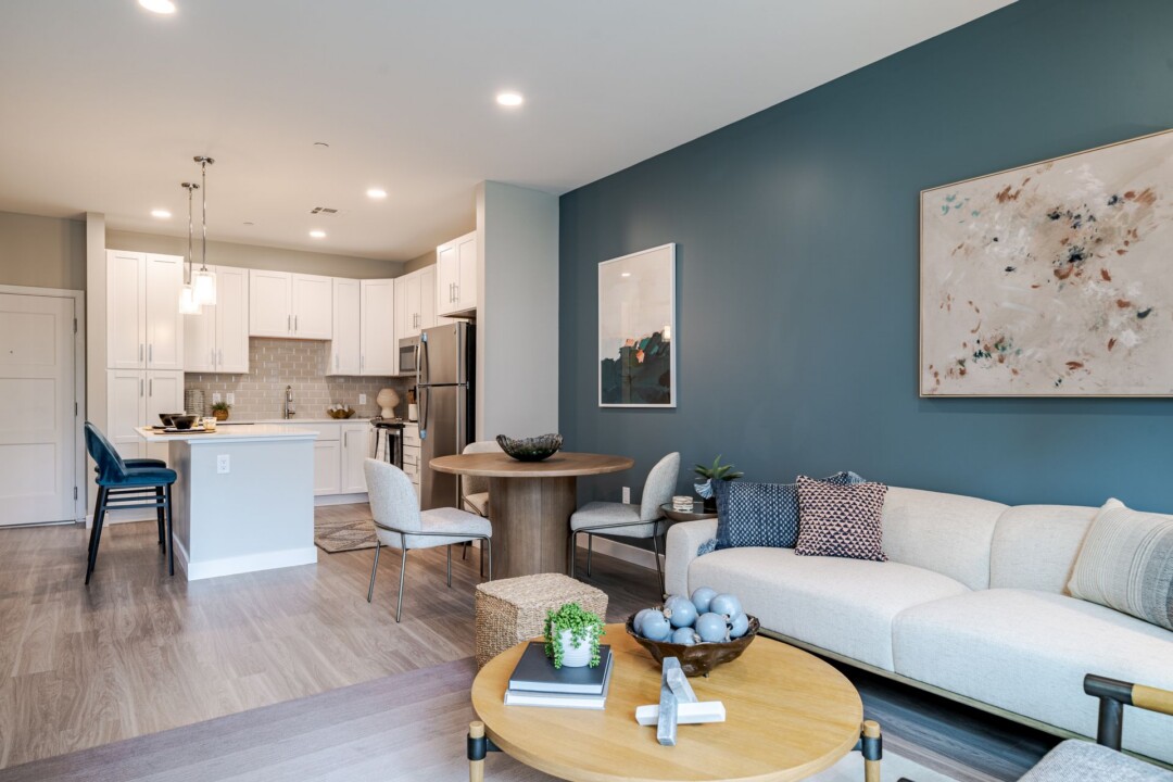 Open living and kitchen area with a teal accent wall, gray sofa, round wooden coffee table, and dining table.