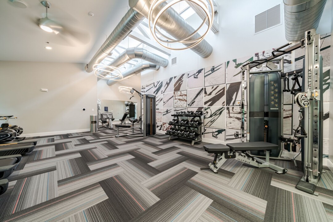 Fitness room with weight machines, dumbbells, patterned flooring, and a wall mural beneath exposed ceiling ducts.