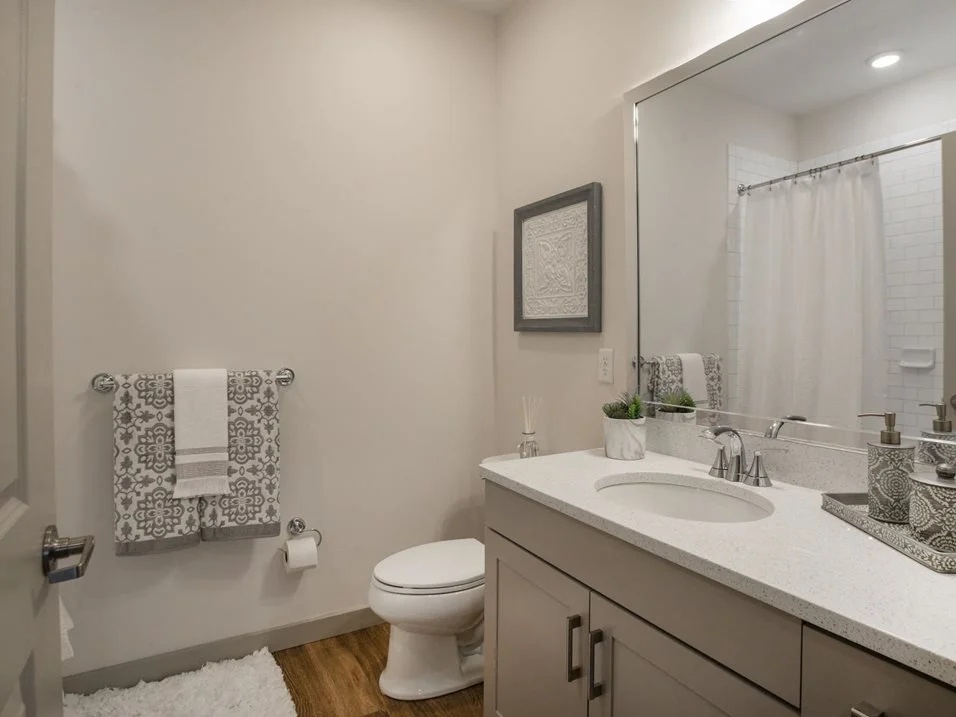 Bathroom with a toilet, vanity, and mirror.