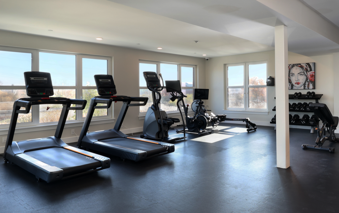 Fitness room with treadmills, elliptical machines, black flooring, and large windows.
